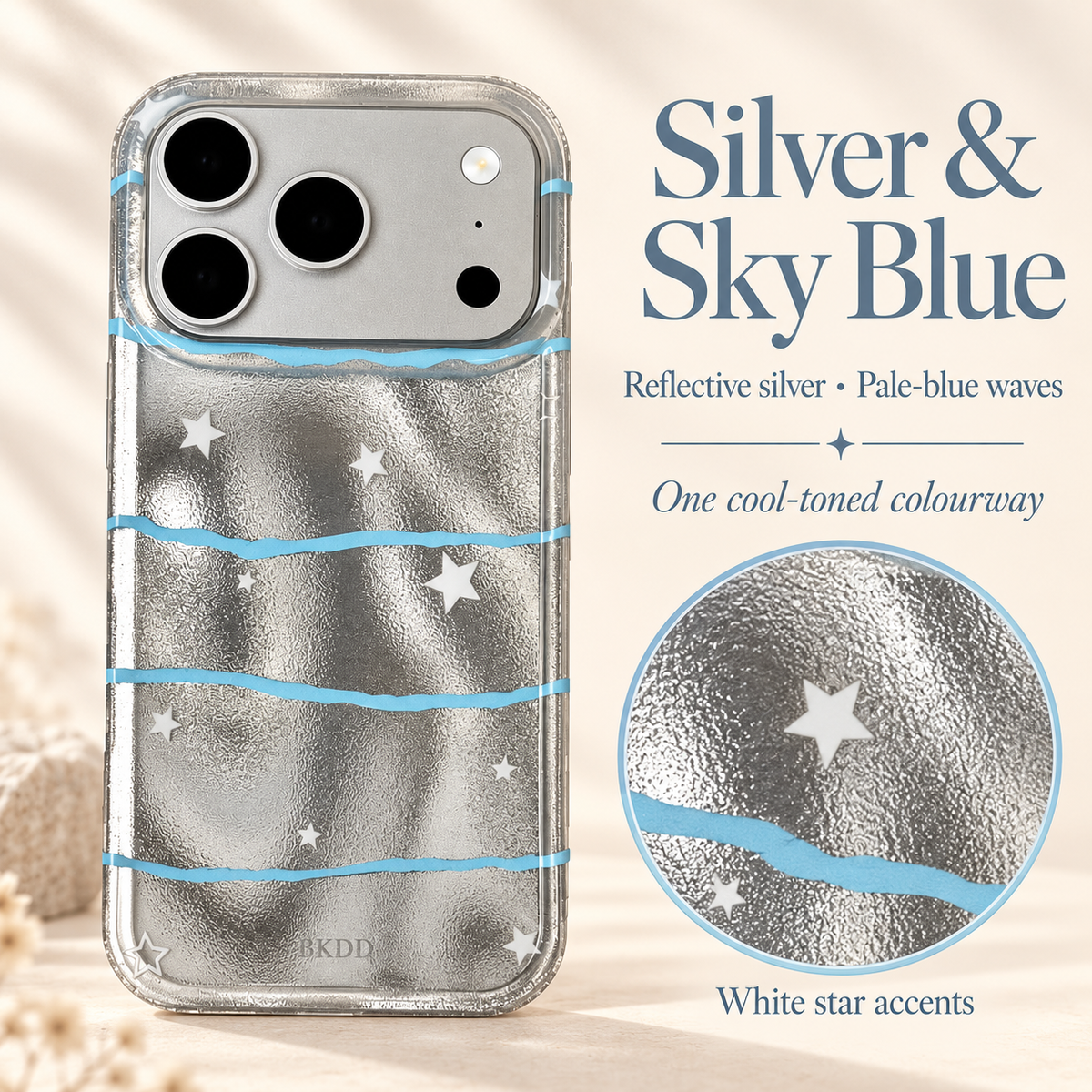 Silver & Sky Blue colour guide showing the full Silver Star Wave case and a circular close-up of its pale-blue waves, white stars and reflective silver finish.