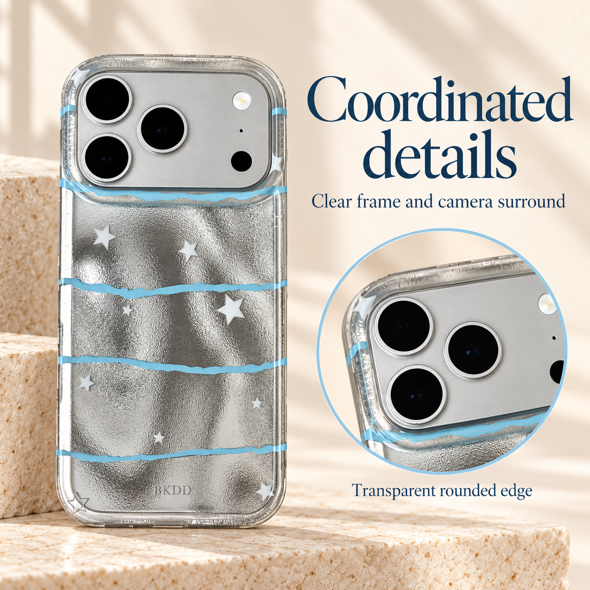 Silver Star Wave coordinated-detail panel with the full case and a circular close-up of the clear upper rim and broad camera opening.