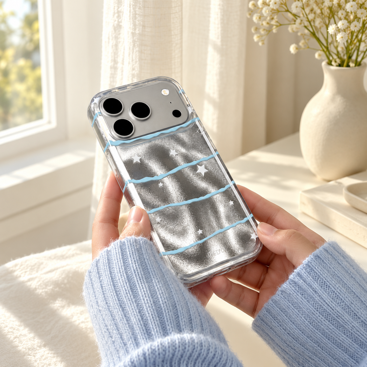 Silver Star Wave case held in two hands with pale-blue knit cuffs near a softly lit window.
