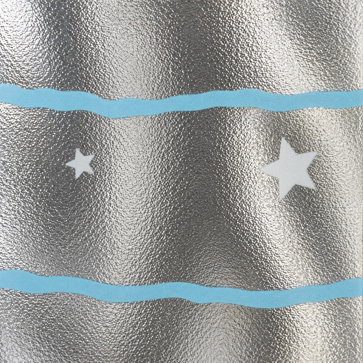 Close-up of the Silver Star Wave case's central white-star print and pale-blue waves over its reflective silver finish.
