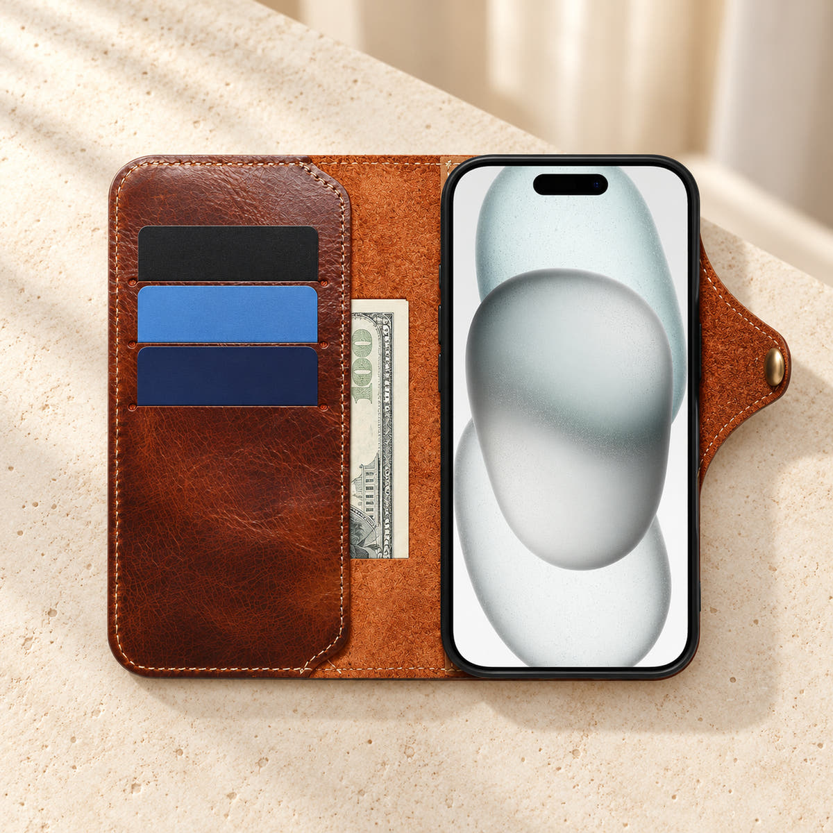Brown iPhone folio wallet opened to show three card slots, a side note pocket and the phone cradle
