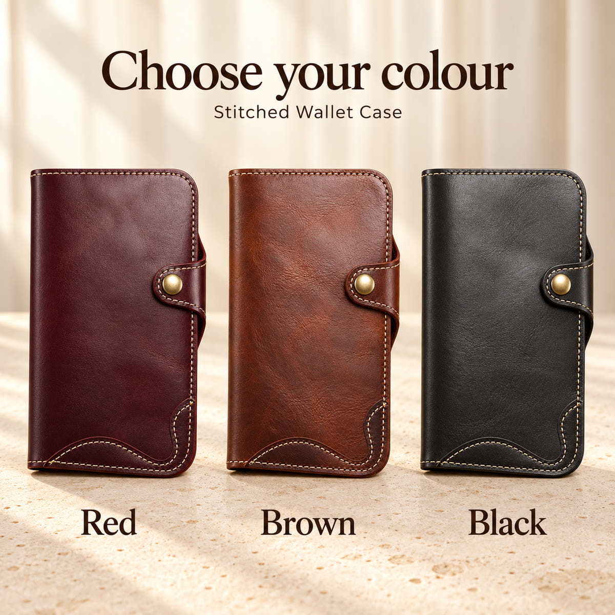 Stitched iPhone wallet case colour guide showing Red, Brown and Black button folios