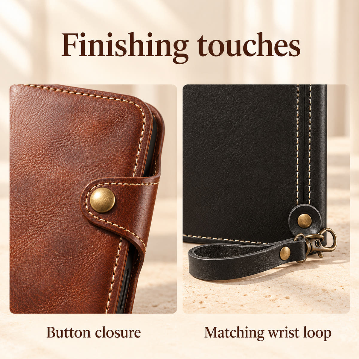 Wallet case detail panel showing the Brown button closure and Black matching wrist loop attachment
