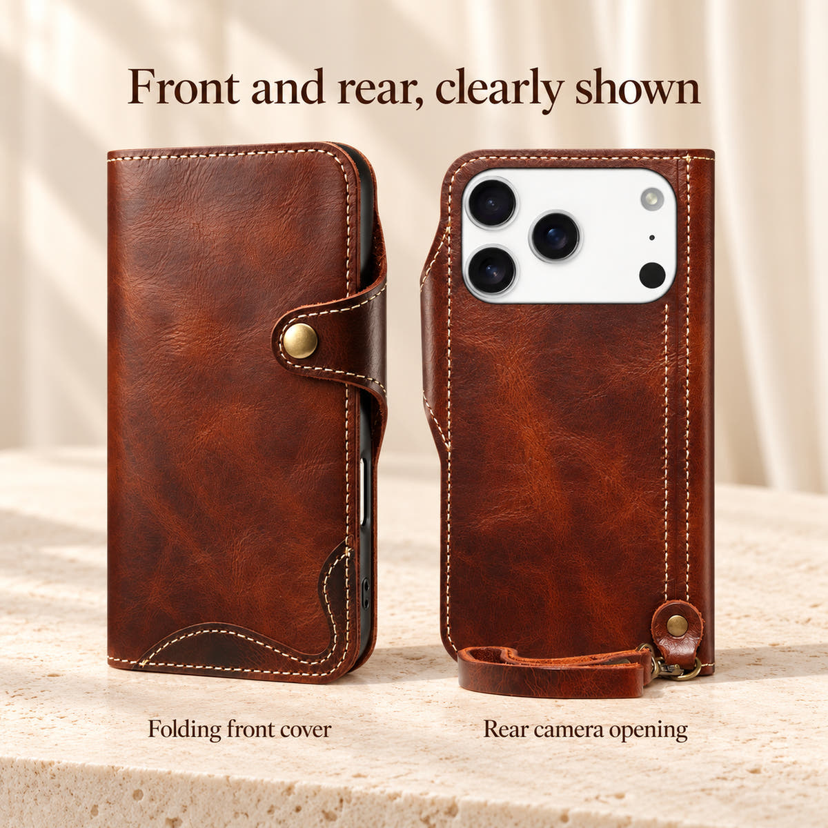 Brown stitched wallet case front and rear information panel showing the folding cover and actual camera opening