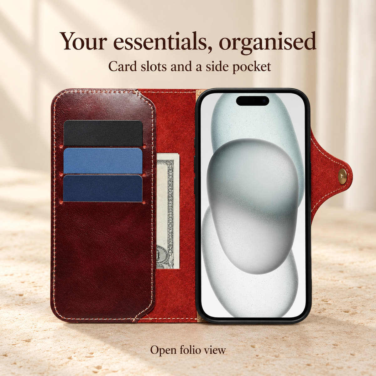 Open Red wallet case information panel showing the actual card slots, side note pocket and phone cradle