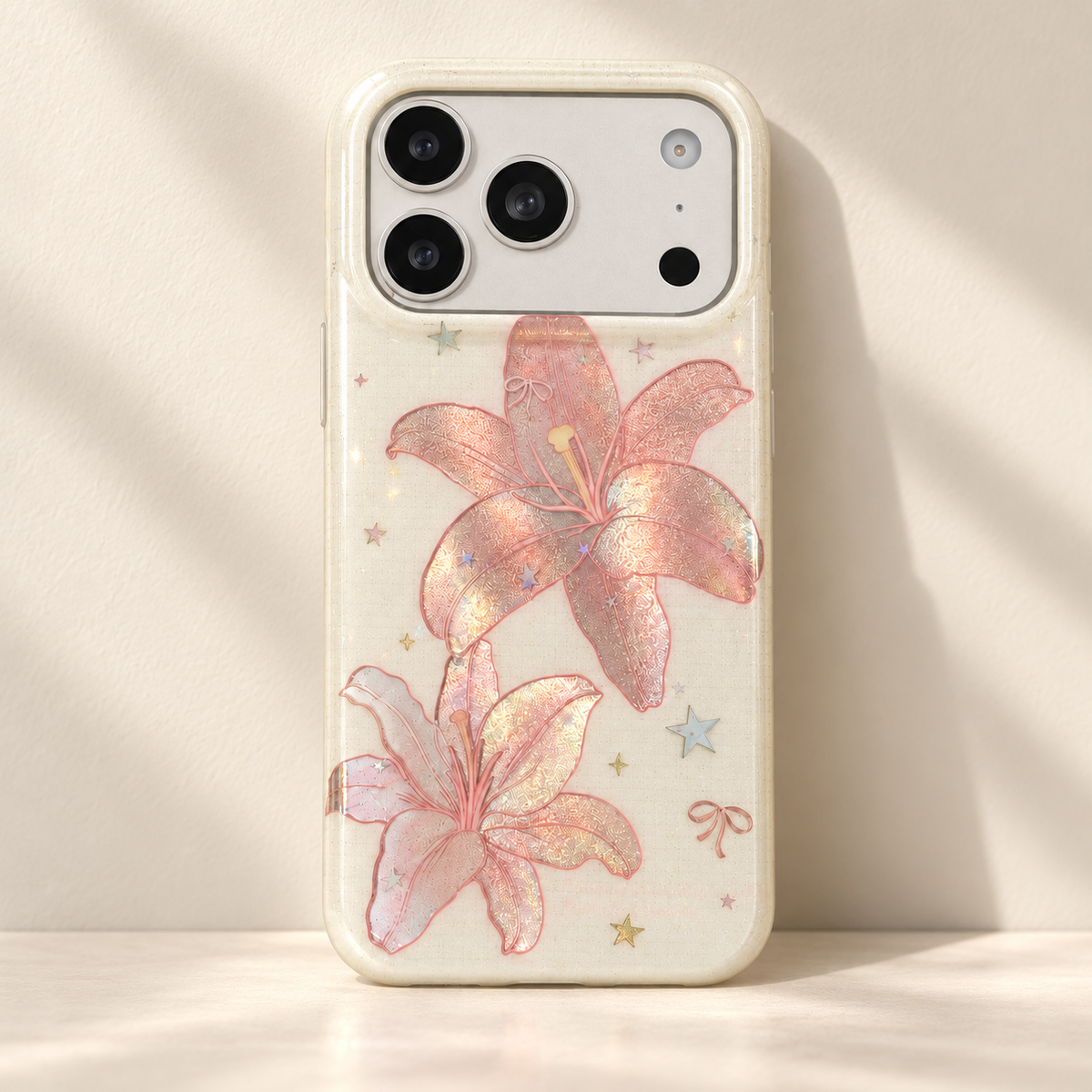 Blush Lily and Star iPhone Case in a straight rear studio portrait