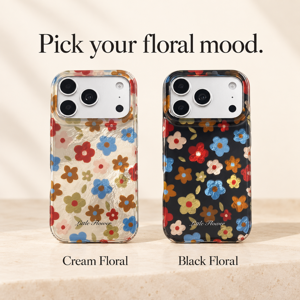 Retro Daisy Floral iPhone Case in Cream or Black — shared guide, two style guide