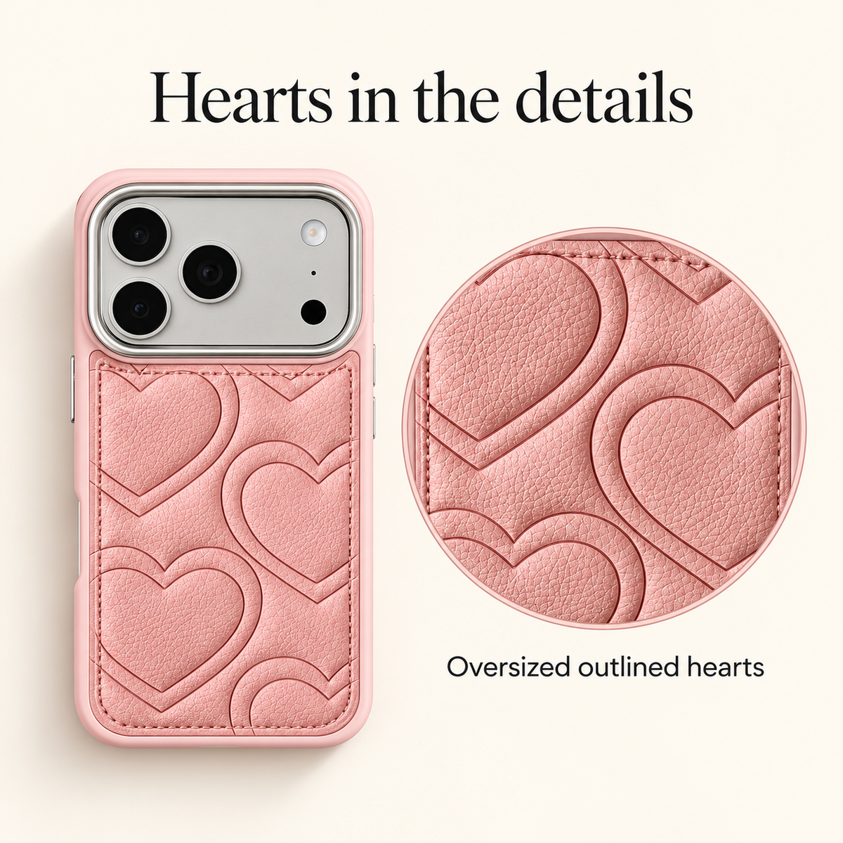 Pink textured heart iPhone case with a close-up of its outlined heart pattern.