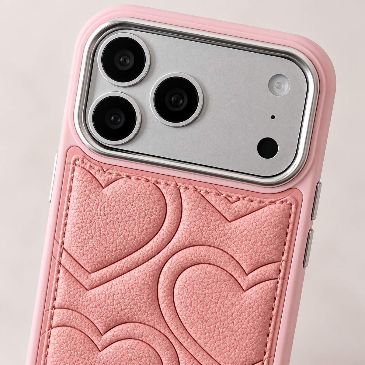Textured heart iPhone case in Pink — camera surround and upper stitching detail.