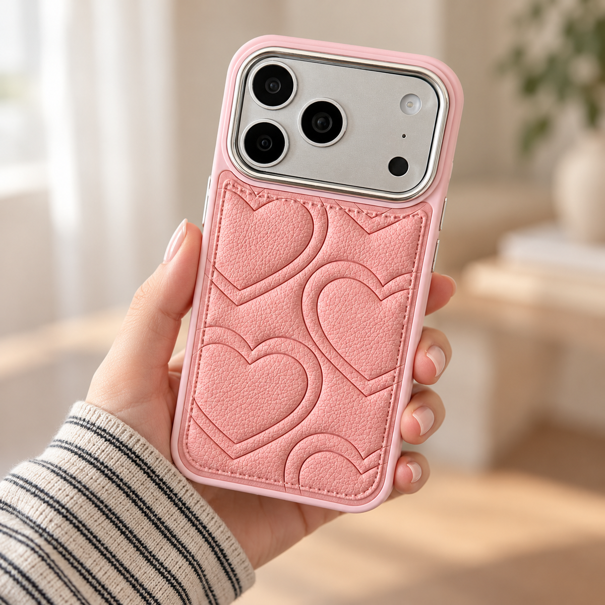 Textured heart iPhone case in Pink — handheld rear view.