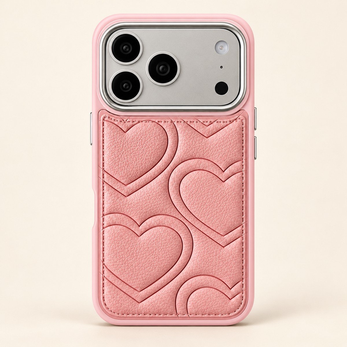 Textured heart iPhone case in Pink — full rear studio view.