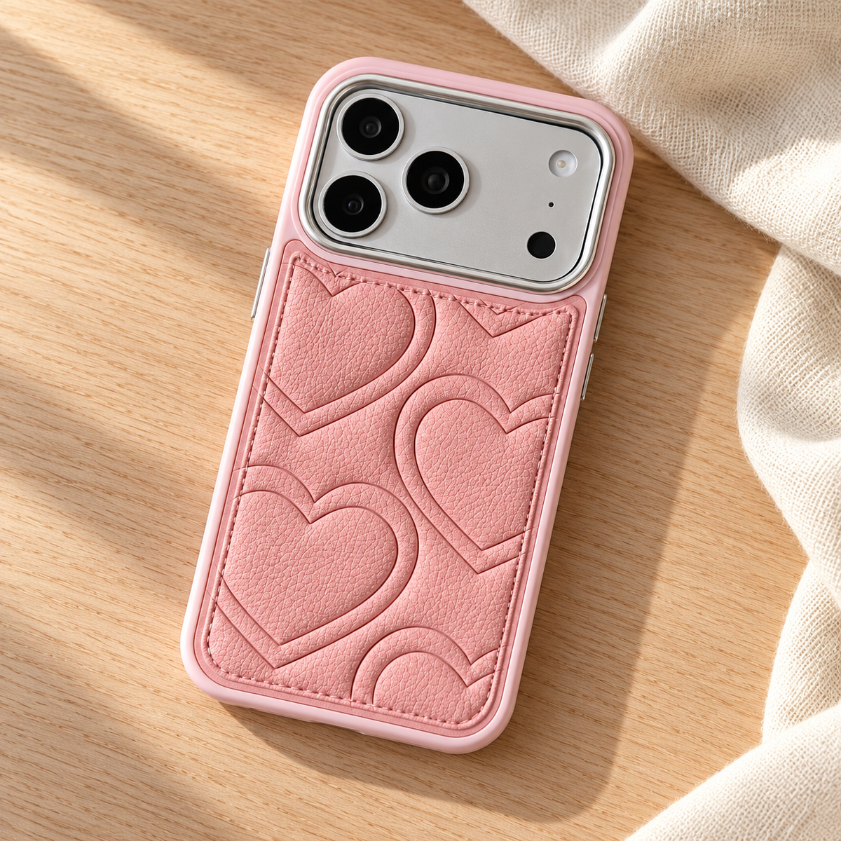 Textured heart iPhone case in Pink — diagonal tabletop view.