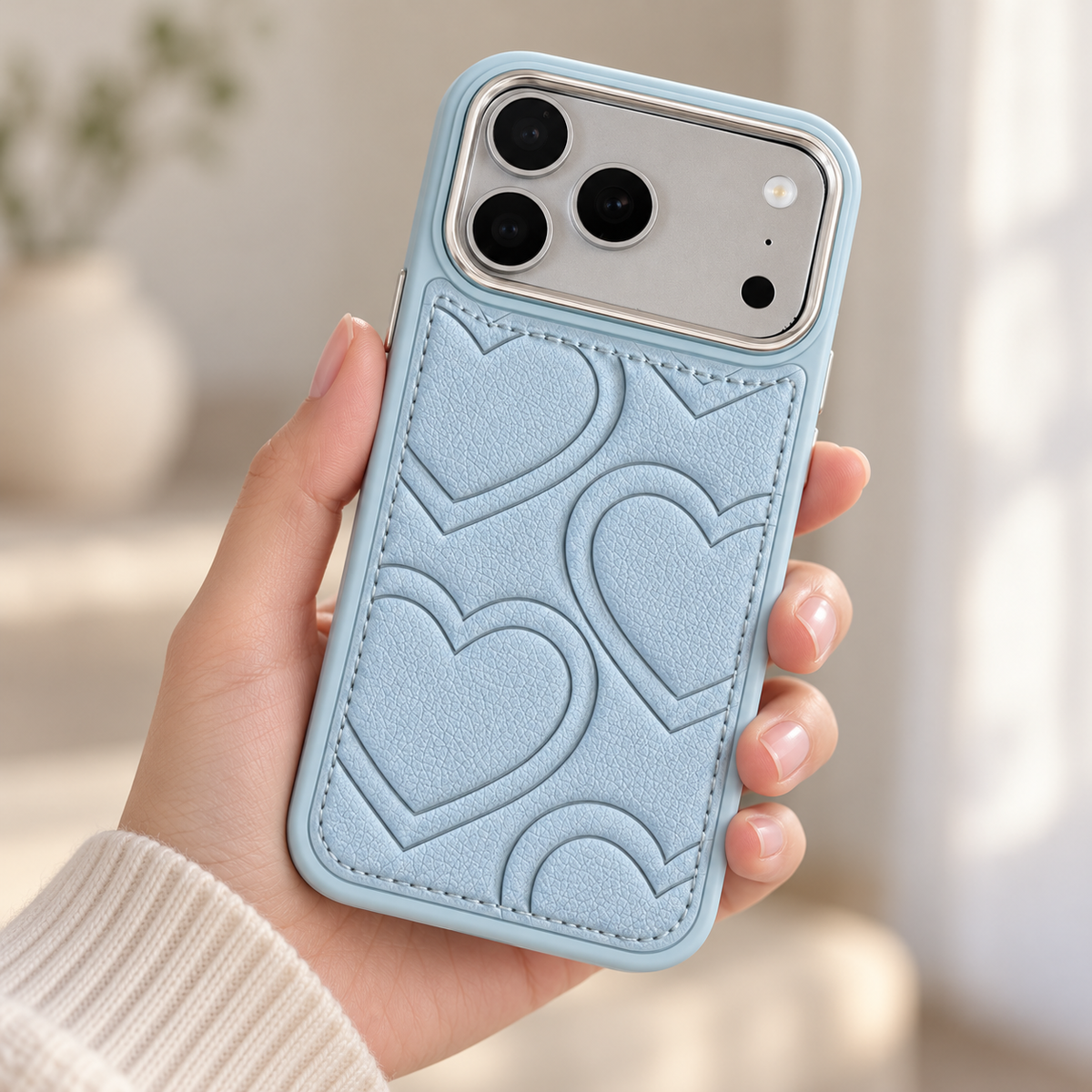 Textured heart iPhone case in Sky Blue — handheld rear view.