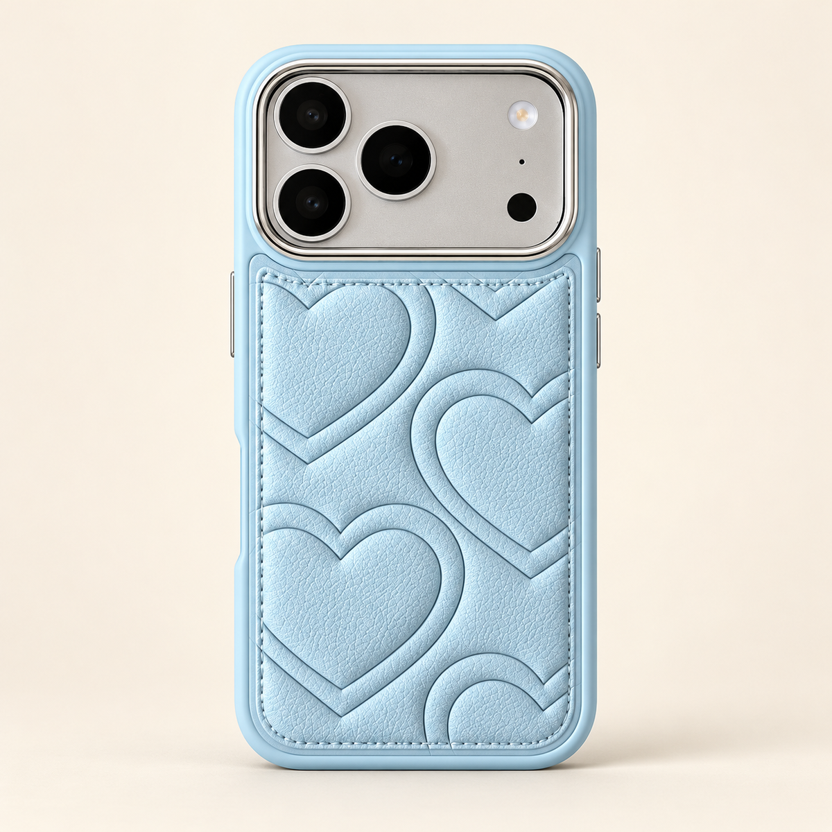 Textured heart iPhone case in Sky Blue — full rear studio view.