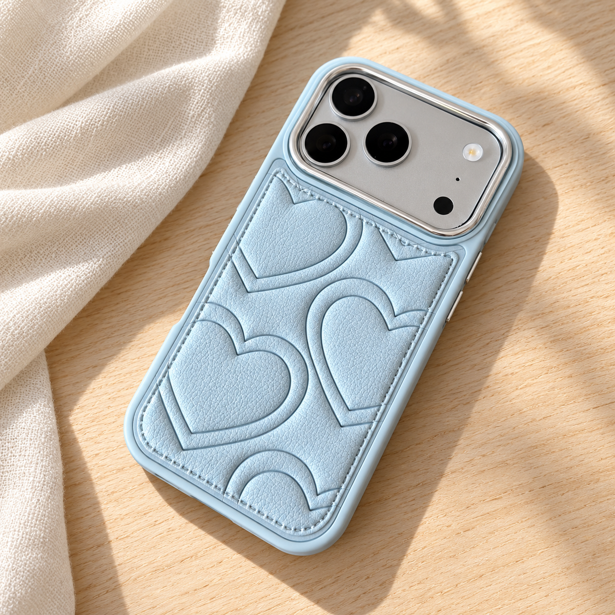 Textured heart iPhone case in Sky Blue — diagonal tabletop view.