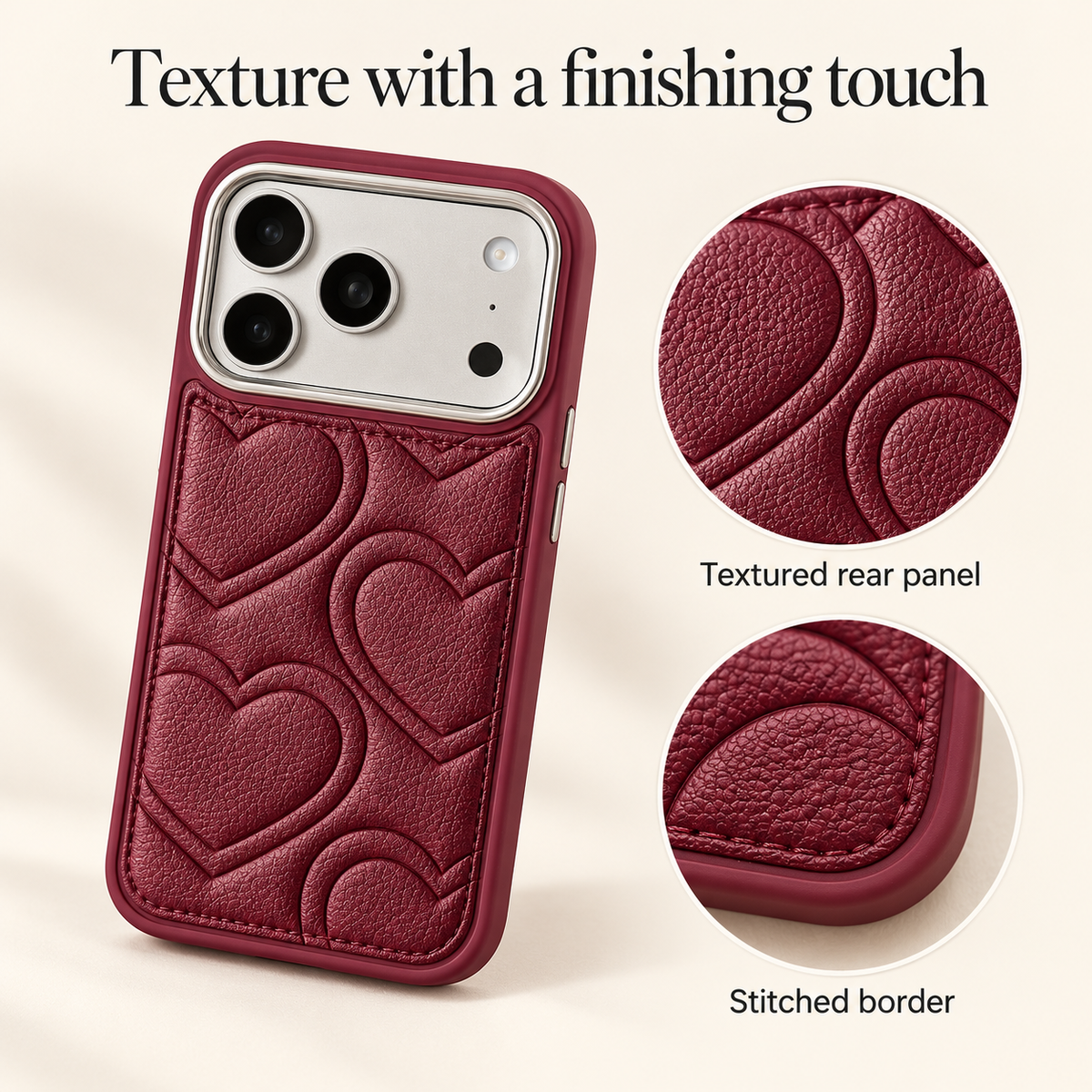 Burgundy heart iPhone case showing the textured rear panel and stitched border.