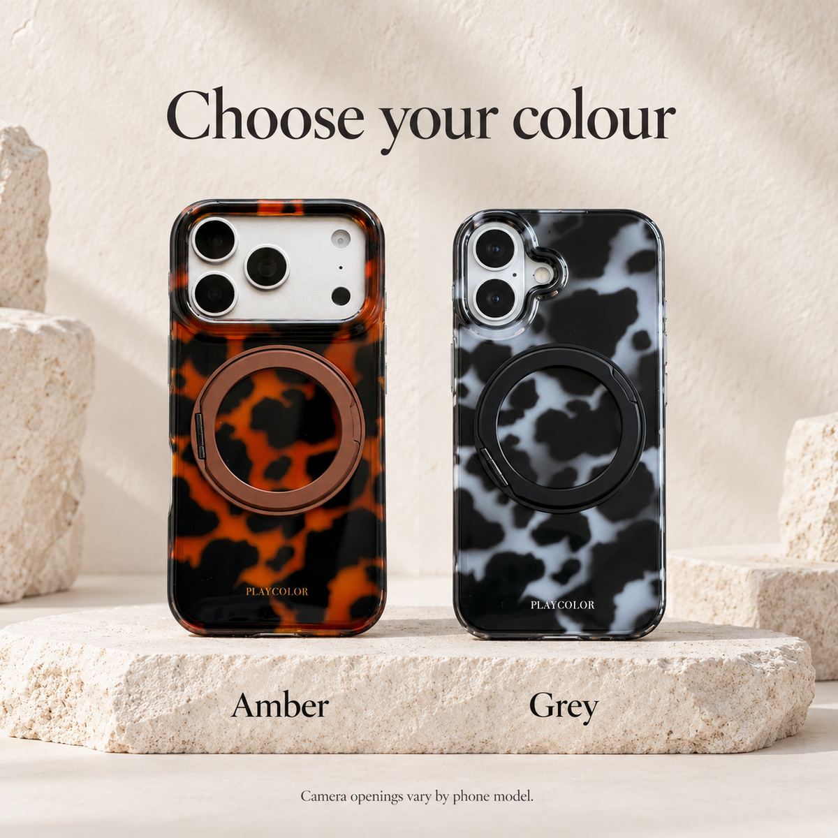 Colour guide comparing Amber and Grey tortoiseshell ring stand iPhone cases.