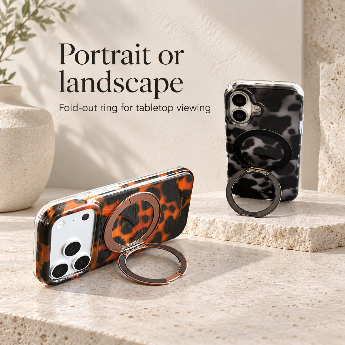 Information panel showing the tortoiseshell cases standing in landscape and portrait orientations.