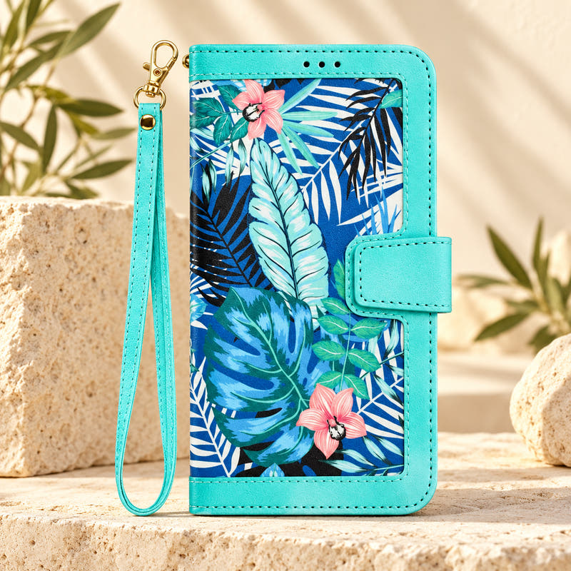 Tropical Tone iPhone wallet case in Sea Green with palm-leaf print and matching wrist strap