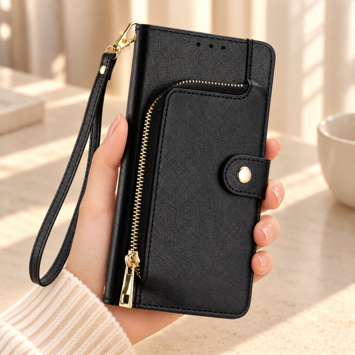 Valencia Luxe Black wallet phone case held in hand, showing its curved zip pocket, round snap closure and matching wrist strap.