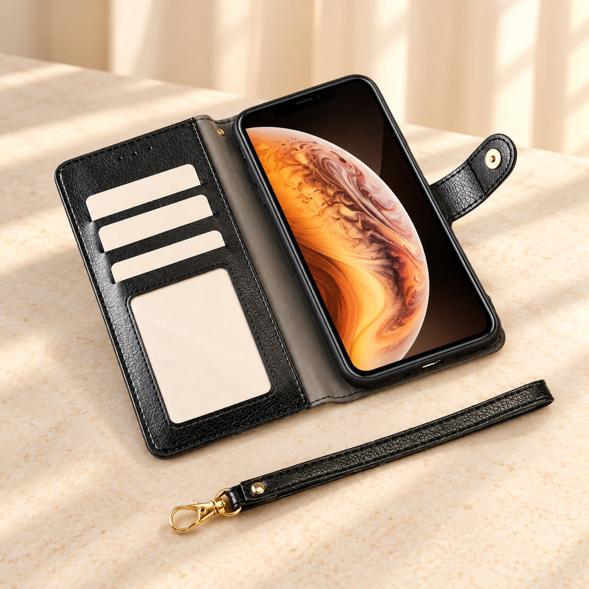 Open black Valencia Luxe wallet phone case showing three card slots, clear window and detachable wrist strap