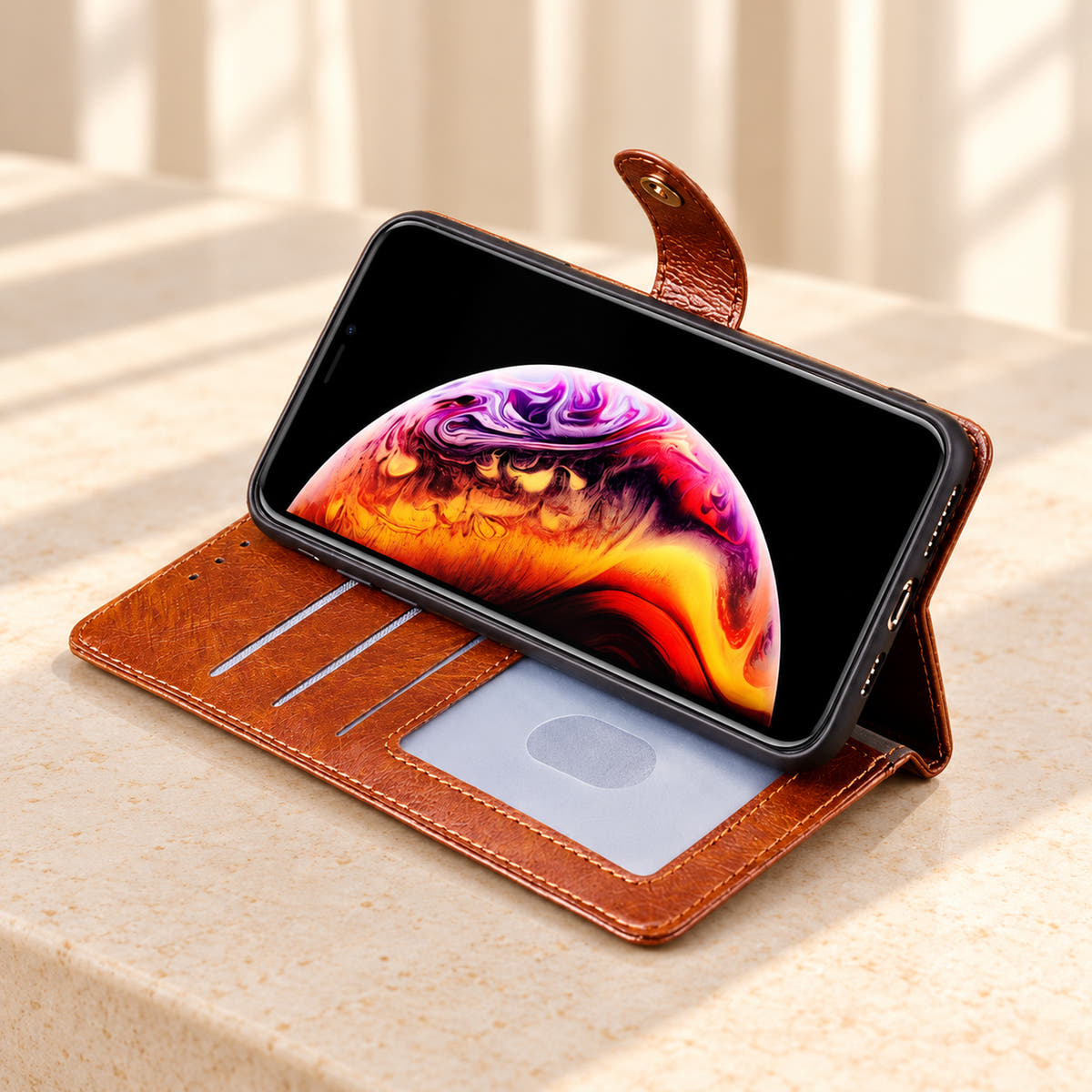 Brown Valencia Luxe wallet phone case folded into a landscape viewing stand