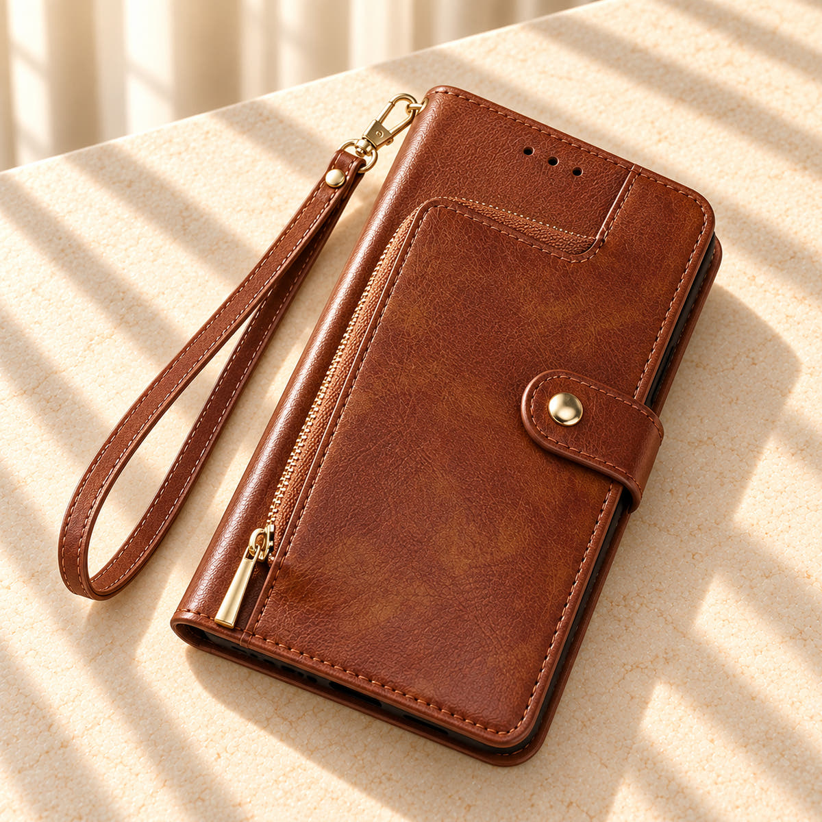 Brown Valencia Luxe wallet phone case styled diagonally on a sunlit cream tabletop, showing its curved zip pocket, round snap and wrist strap.