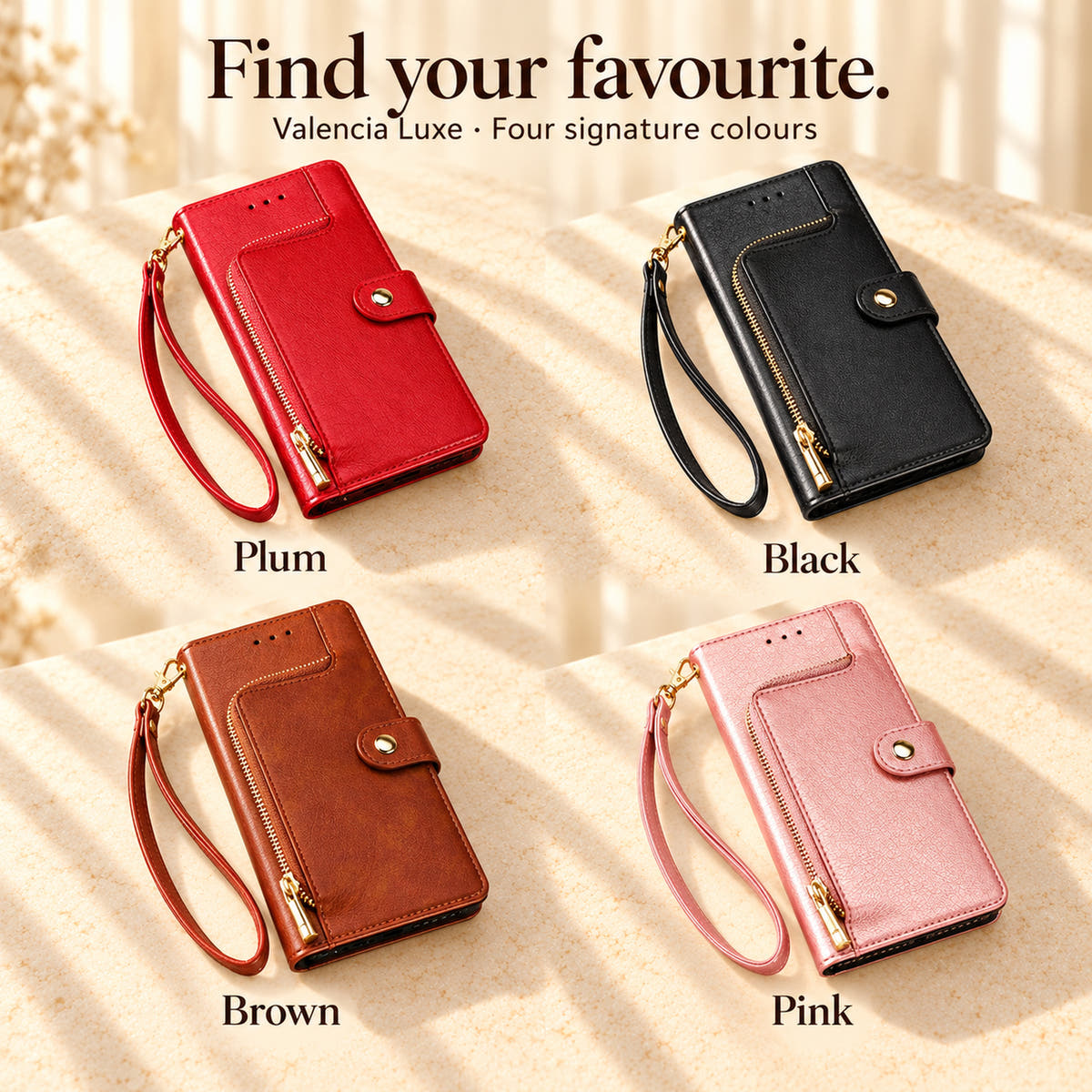 Valencia Luxe wallet phone case colour guide showing Plum, Black, Brown and Pink with matching wrist straps.