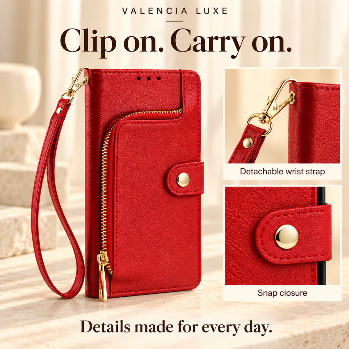 Valencia Luxe case guide showing the detachable matching wrist strap, gold-tone clip and round snap closure.