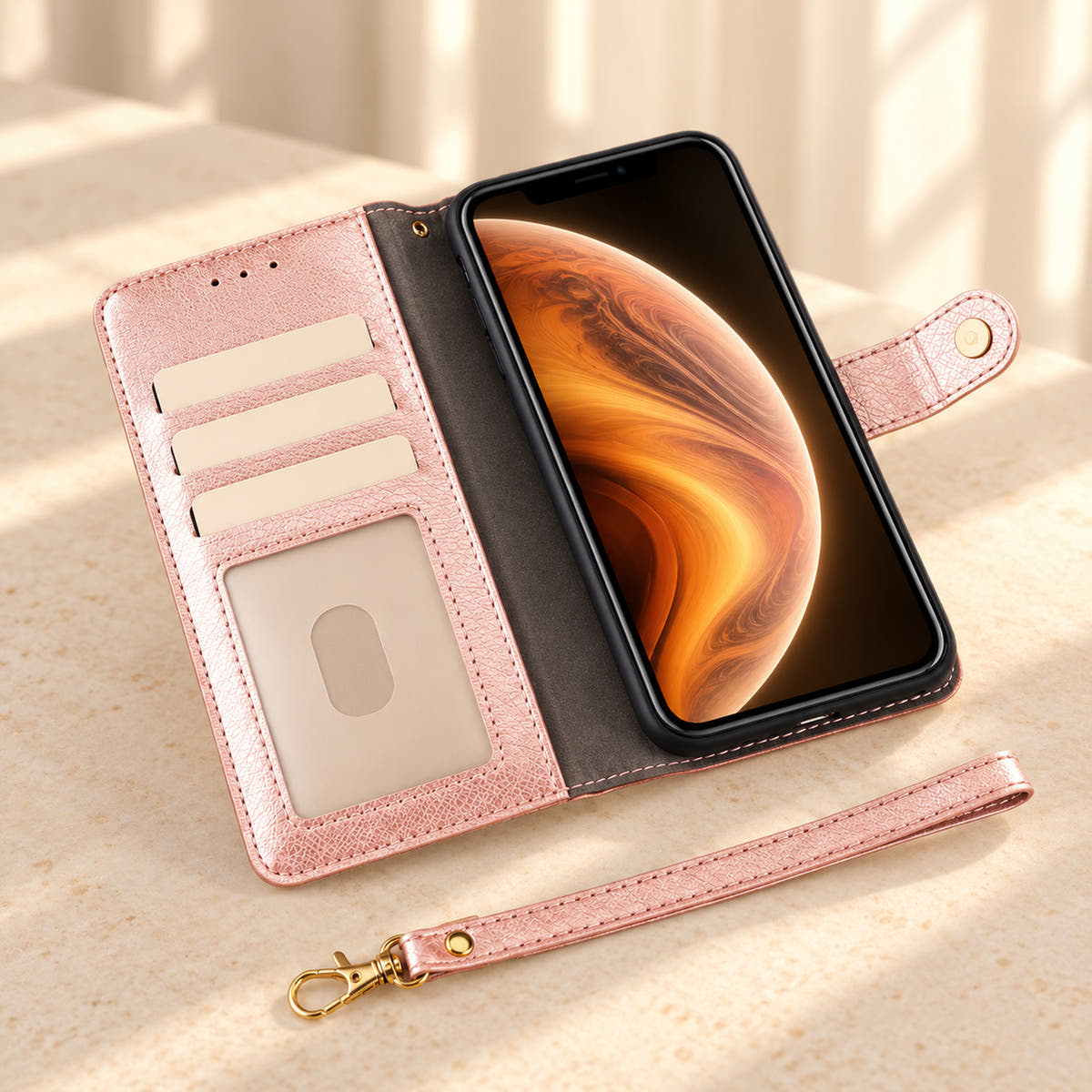 Open Valencia Luxe pink wallet phone case showing three card slots, a clear ID window and a detachable wrist strap.