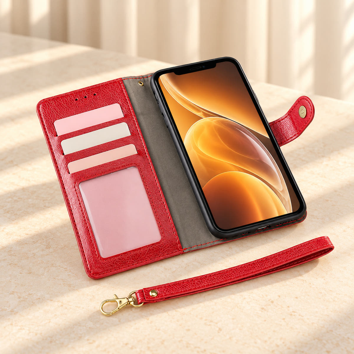 Open Valencia Luxe wallet phone case in Plum showing three card slots, a clear window and detachable wrist strap.