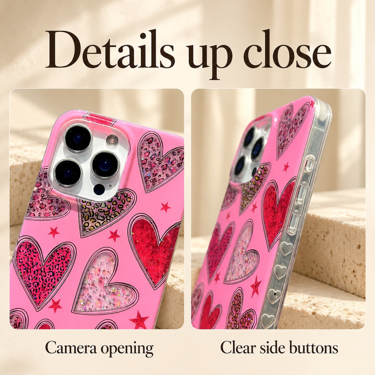 Valentina Sparkle Heart information image showing the camera opening and clear side-button details.