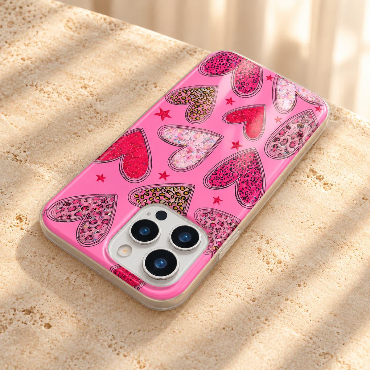 Angled tabletop view of the Valentina Sparkle Heart Pink case with a soft reflection across its glossy rear surface.