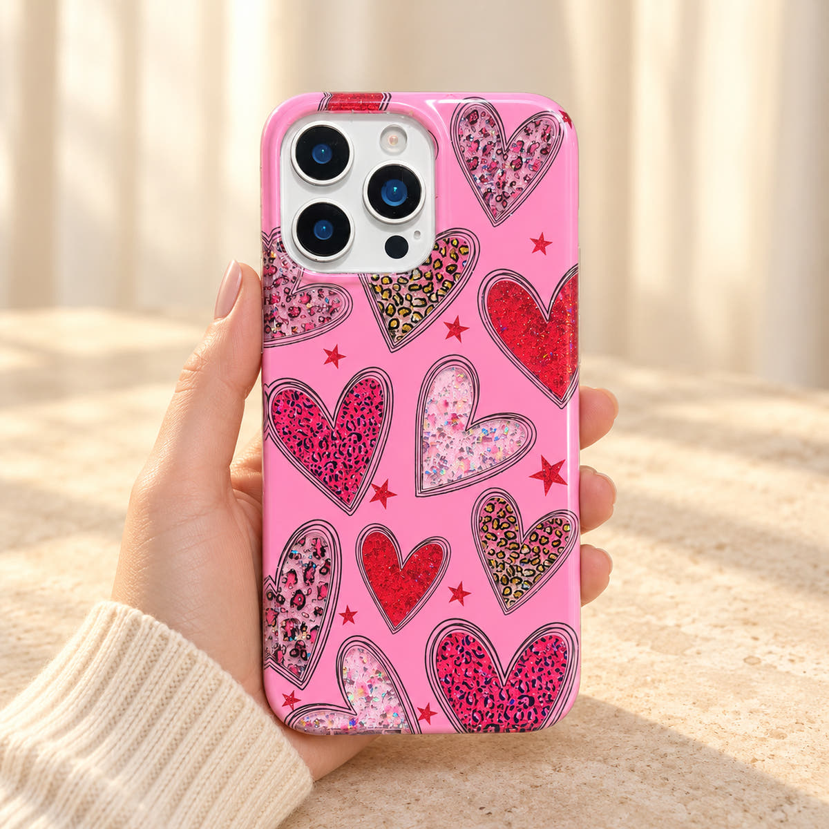 Valentina Sparkle Heart iPhone case in Pink held in a cream-sleeved hand, showing the complete glitter heart and star design.