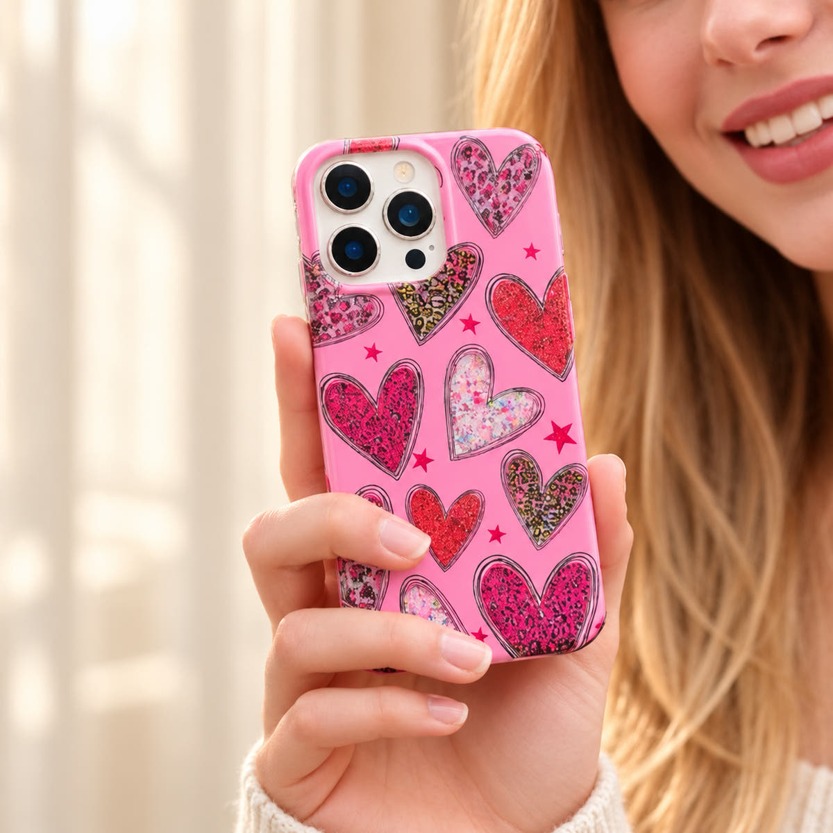 Valentina Sparkle Heart Pink phone case held near a smiling face in warm natural light.