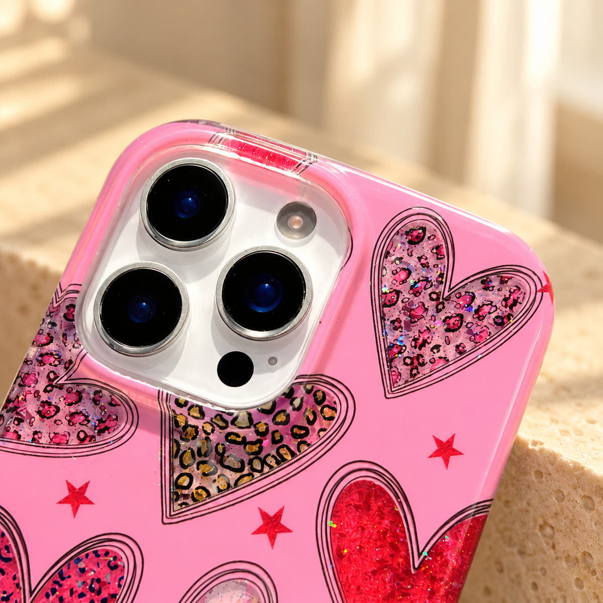 Top-rim close-up of the Valentina Sparkle Heart Pink phone case, showing the clear edge and upper heart print.