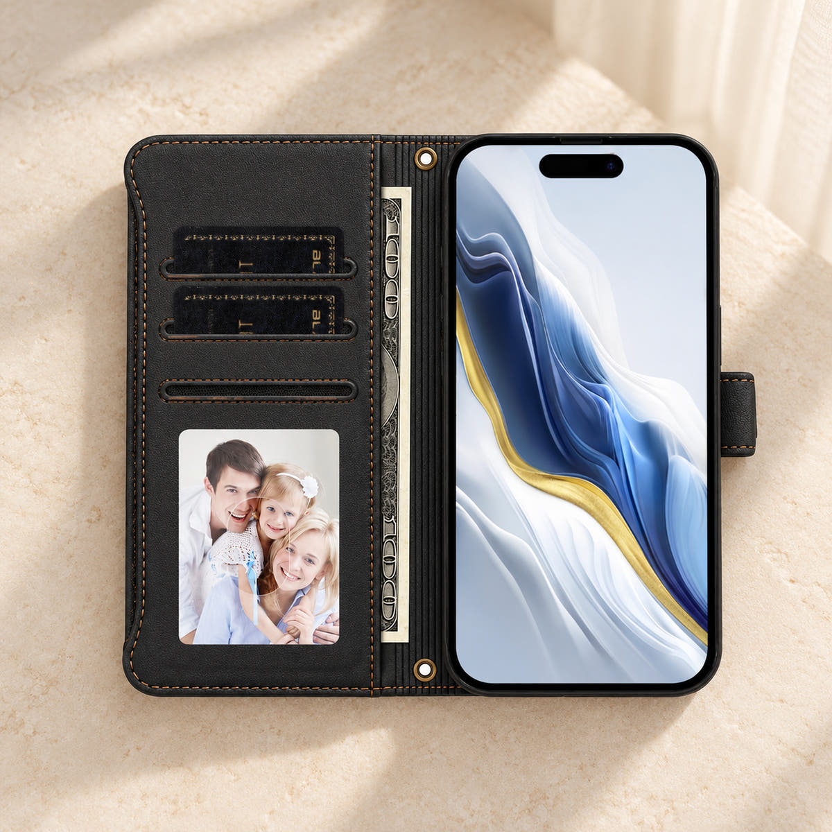 Open Velora Zip wallet case in Black with three card slots, a photo window, notes sleeve and phone compartment.