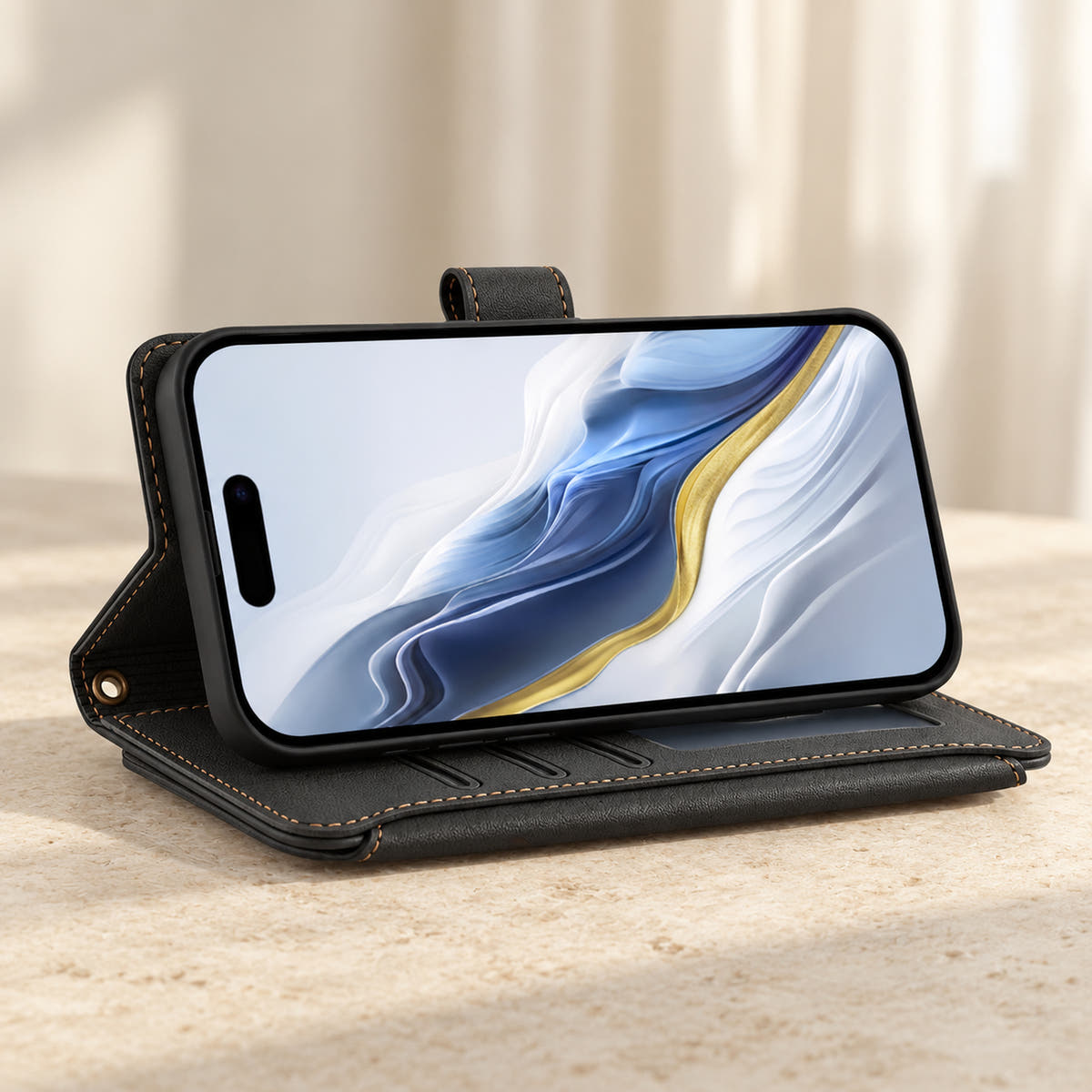 Velora Zip wallet case in Black folded into a landscape viewing stand on cream limestone.