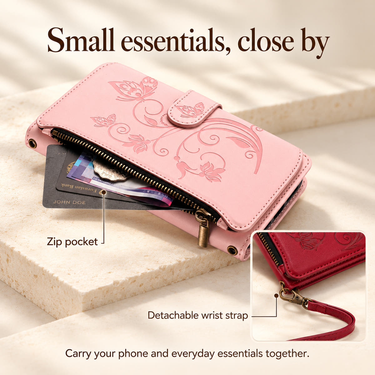 Velora Zip detail guide showing the side zip pocket and detachable wrist strap.