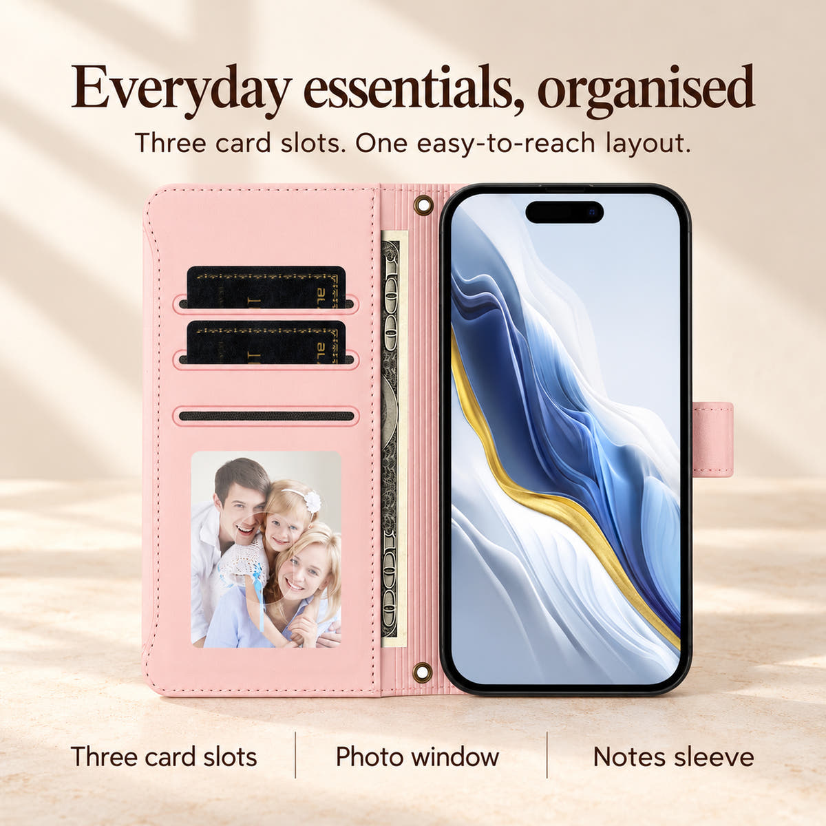 Velora Zip storage guide showing three card slots, photo window and notes sleeve in the Pink open wallet.