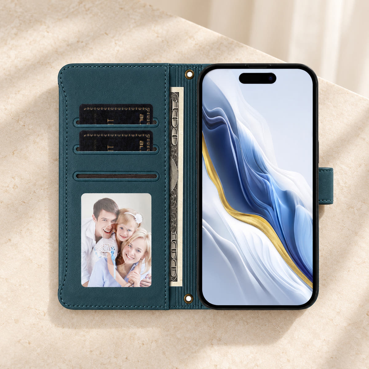 Open Velora Zip wallet case in Forest Green with three card slots, a photo window, notes sleeve and phone compartment.