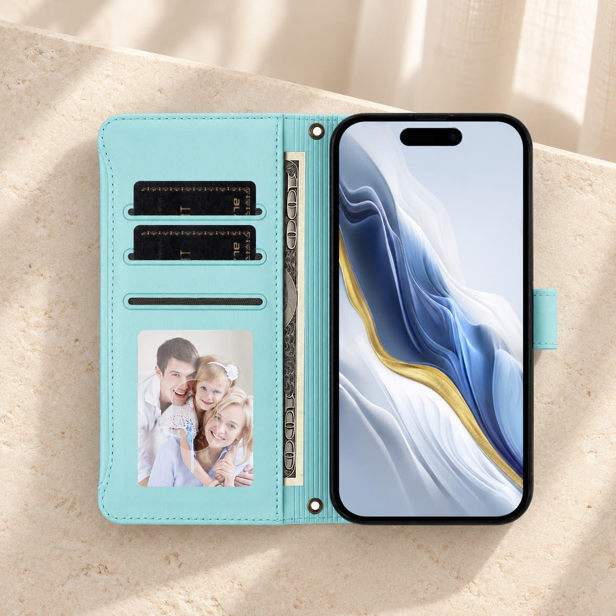 Open Velora Zip wallet case in Ice Blue with three card slots, a photo window, notes sleeve and phone compartment.