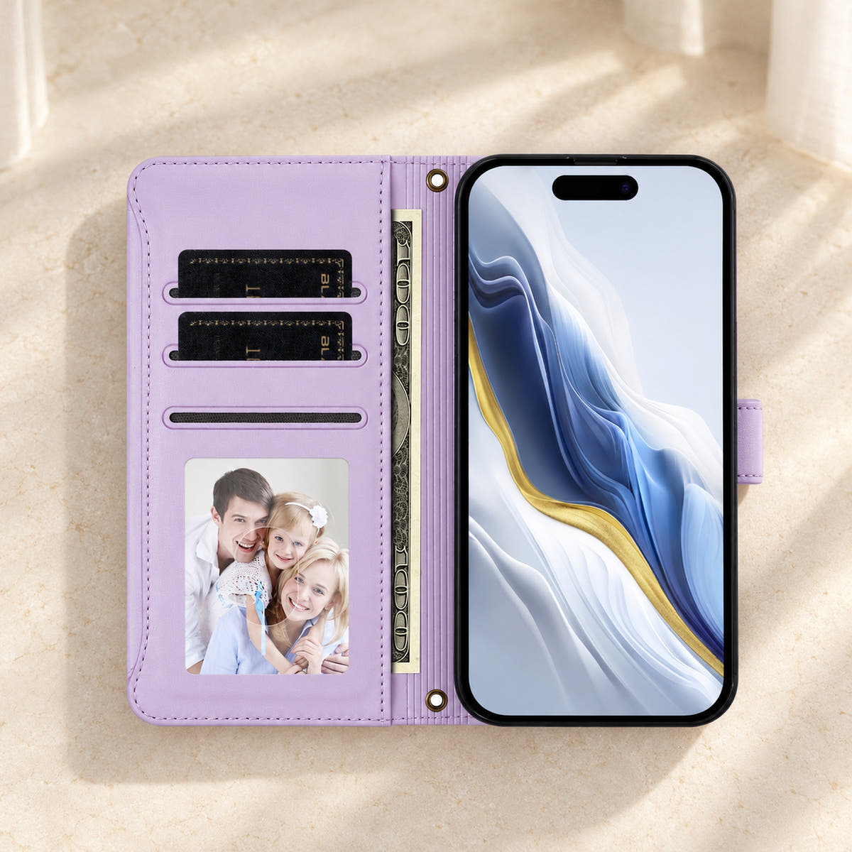Open Velora Zip wallet case in Lavender with three card slots, a photo window, notes sleeve and phone compartment.