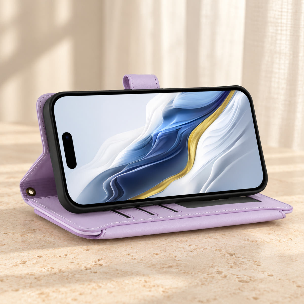 Velora Zip wallet case in Lavender folded into a landscape viewing stand on cream limestone.