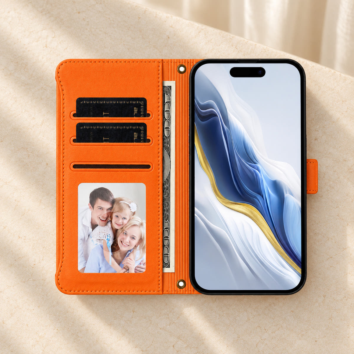 Open Velora Zip wallet case in Orange with three card slots, a photo window, notes sleeve and phone compartment.