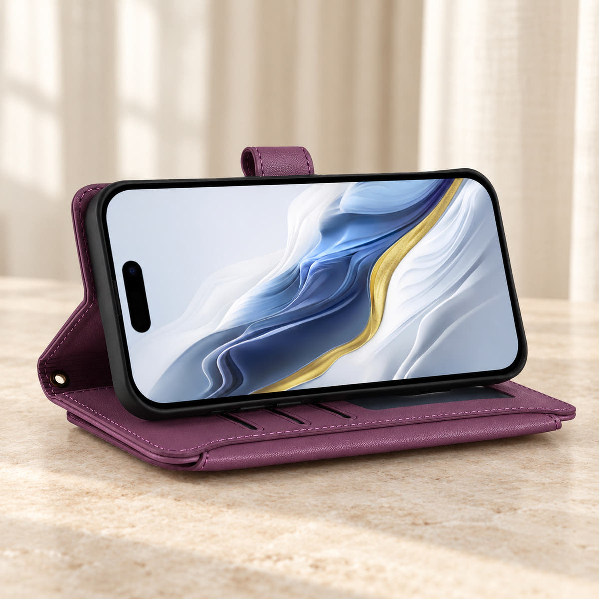 Velora Zip wallet case in Plum folded into a landscape viewing stand on cream limestone.