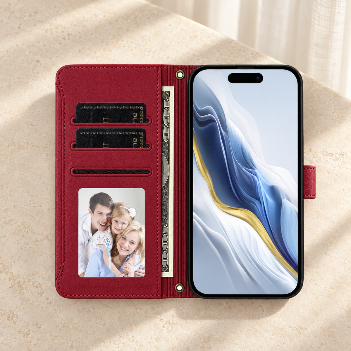 Open Velora Zip wallet case in Red with three card slots, a photo window, notes sleeve and phone compartment.