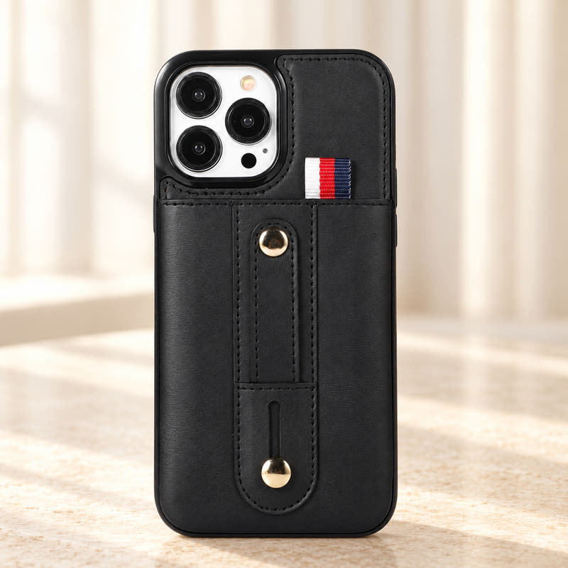 Black iPhone wallet case with card pocket and adjustable hand strap, hero